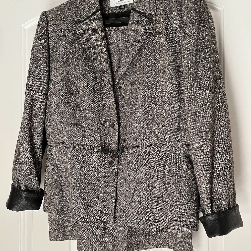 Tahari tweed Suit with faux leather trim